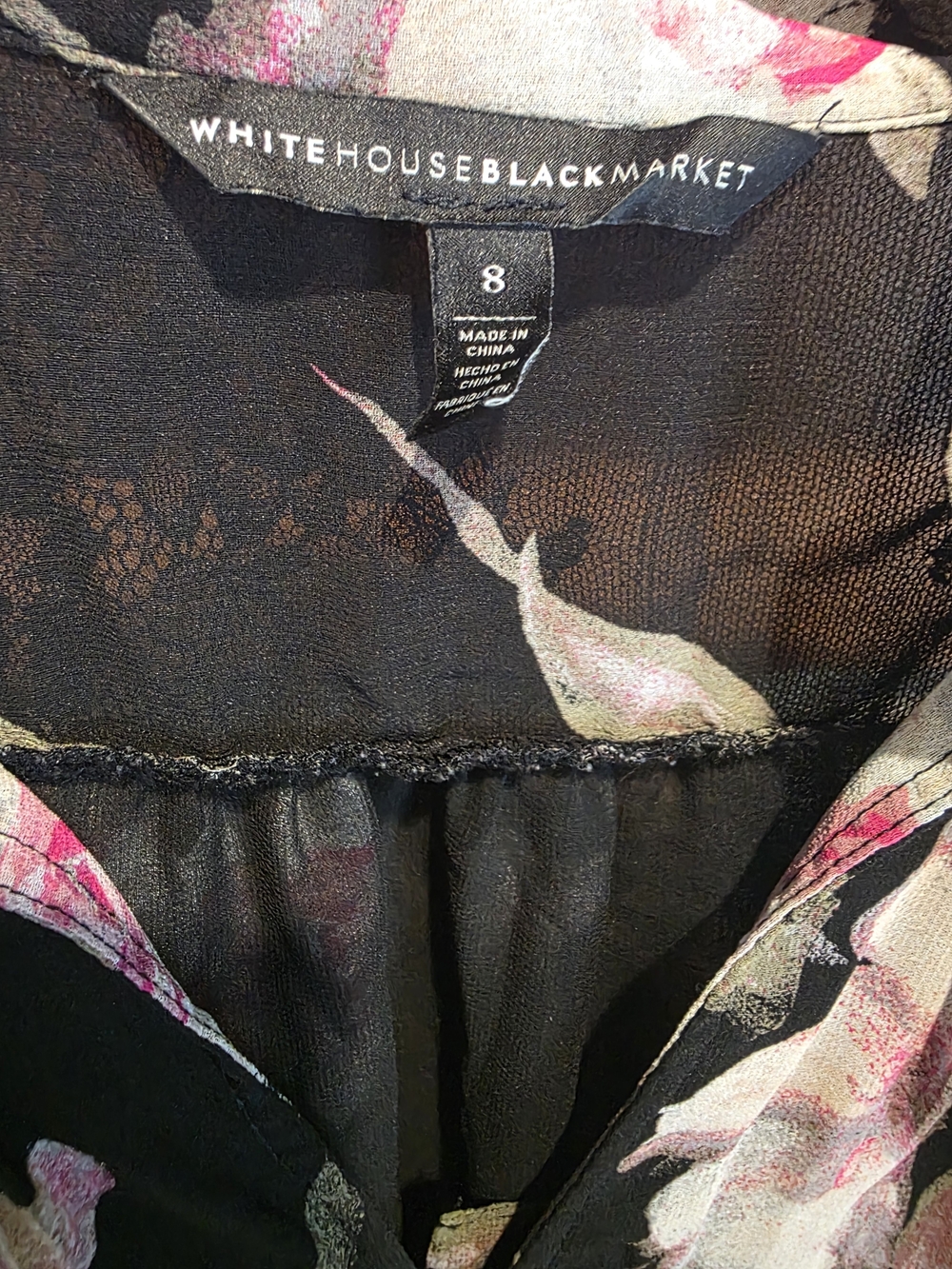 White House Black Market Black Floral Split-Neck Bell Sleeve Top - Picture 3 of 6